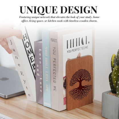 Tree of Life Wood Bookends, Gifts for Book Lovers, Novelty Bookends Unique, Heavy Duty Wooden Book Ends for Shelves Decorative(1 Pair, 4.72x6.69 Inches)
