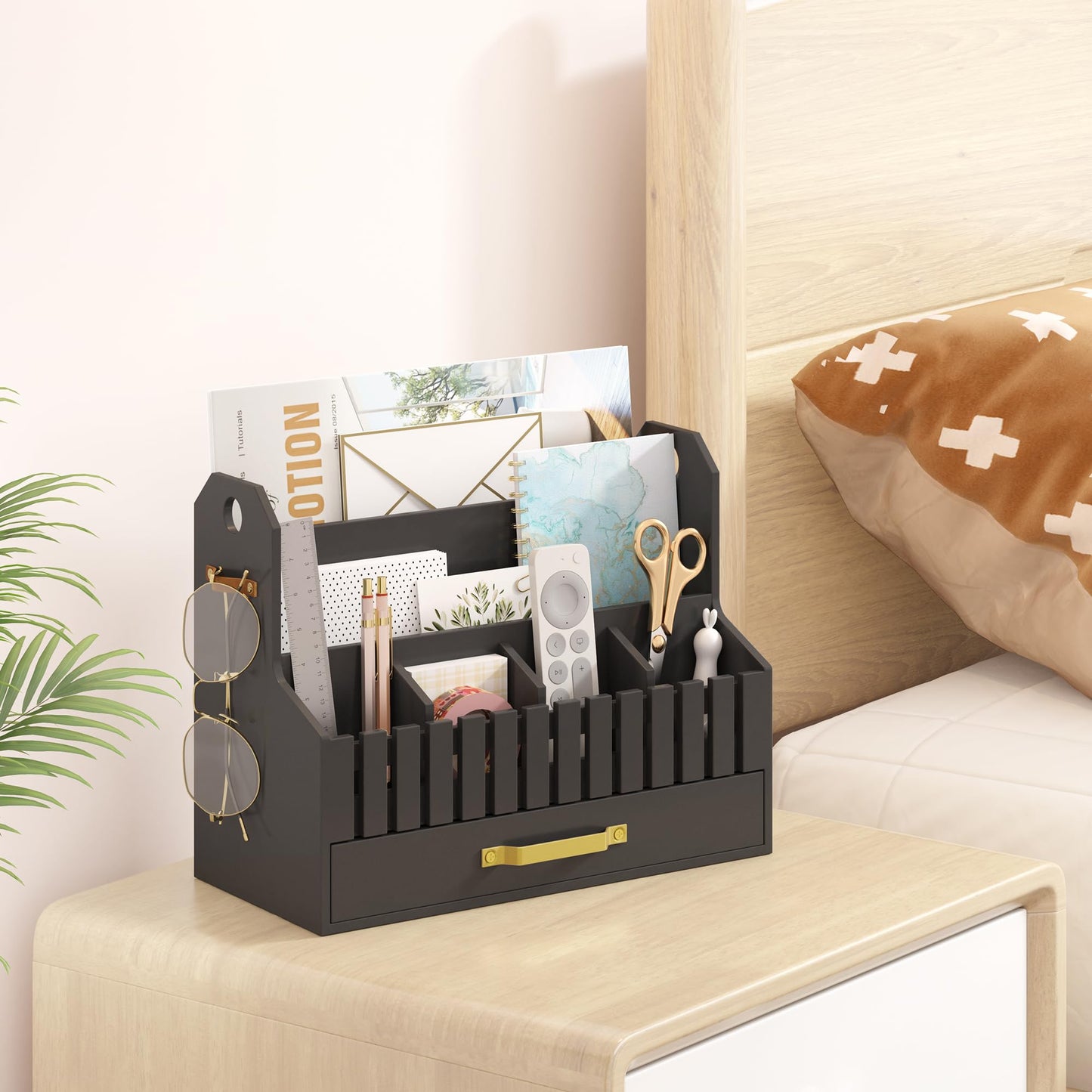 Bamboo Mail Organizer Countertop with Drawers, Wood Desk File Organizer Desktop Paper Organization Storage Bill & Letter Sorter Holder for School Home Office Supplies, No Assembly Required (Black)