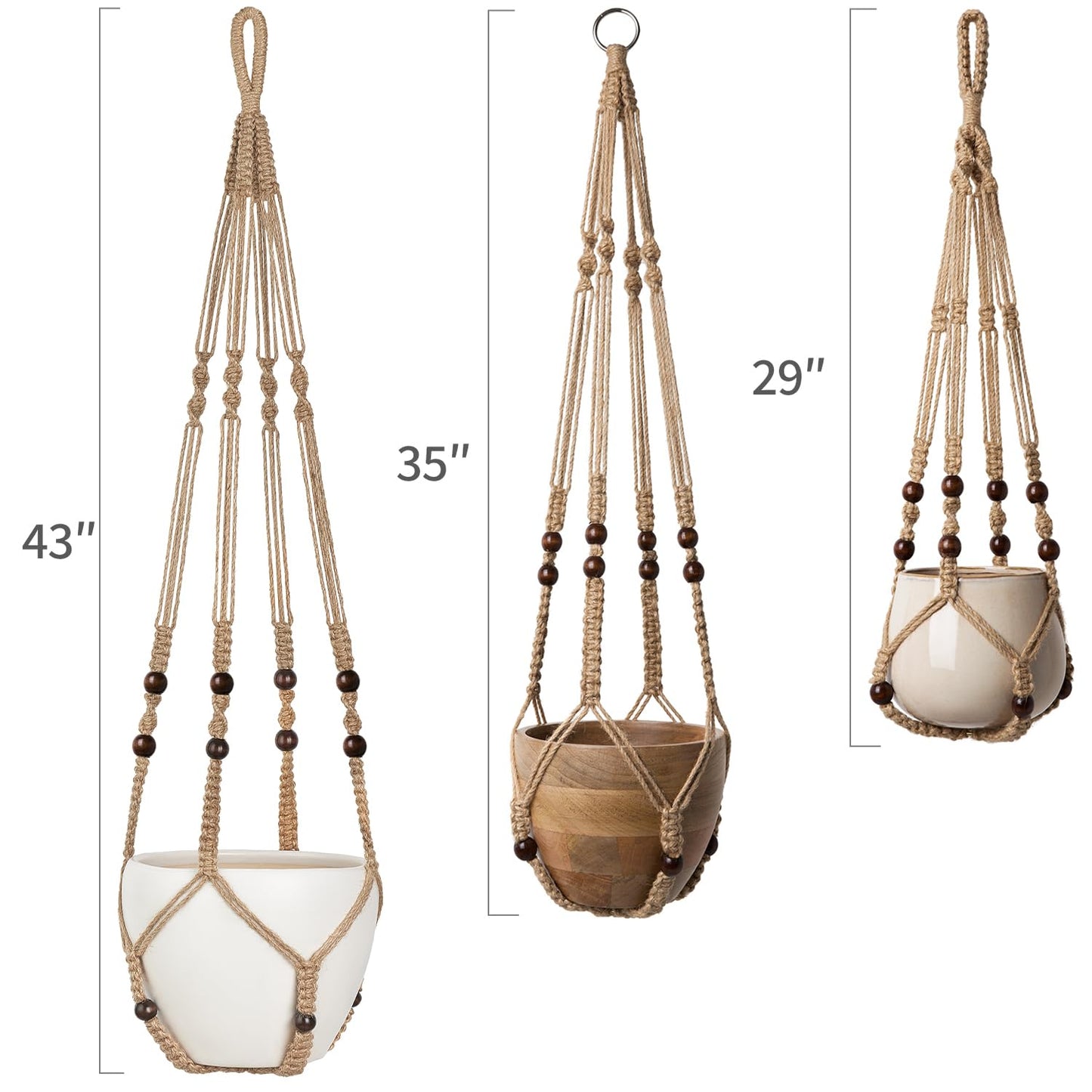 Mkono 3 Pack Macrame Plant Hangers Indoor Different Size Hanging Planter Basket Flower Pot Holder with Beads No Tasselss 43"/35"/29", Large, Brown