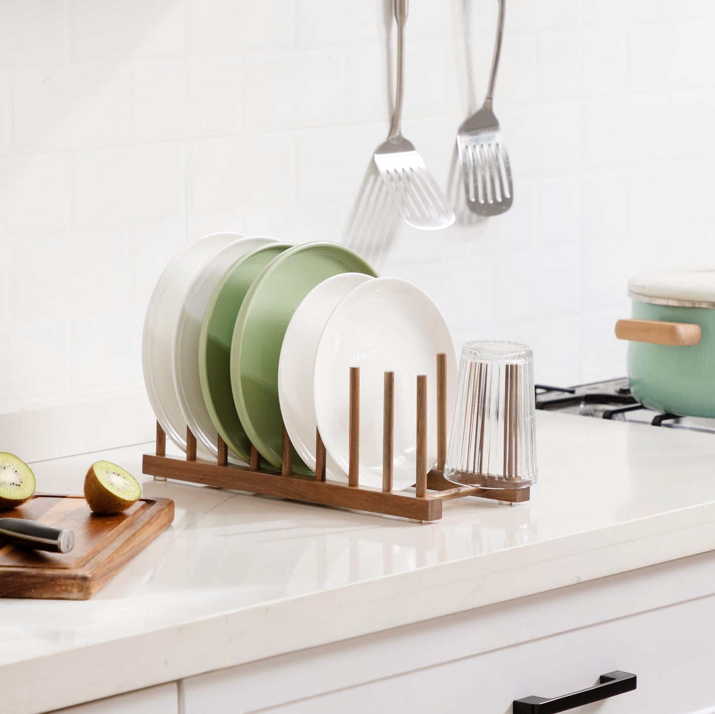 HBlife 4pcs Acacia Wooden Dish Dying Rack Pot Lid Plate Organizer Holder for Cabinet, Cutting Board Stand Drainer Storage Plate Rack for Dish, Pot Lid, Bowl, Cup, Cutting Board and Books