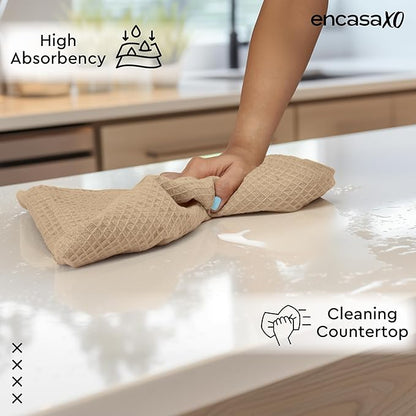 Encasa XO Kitchen Dish Towels Set | Beige | Waffle Weave and Flat Hand Tea