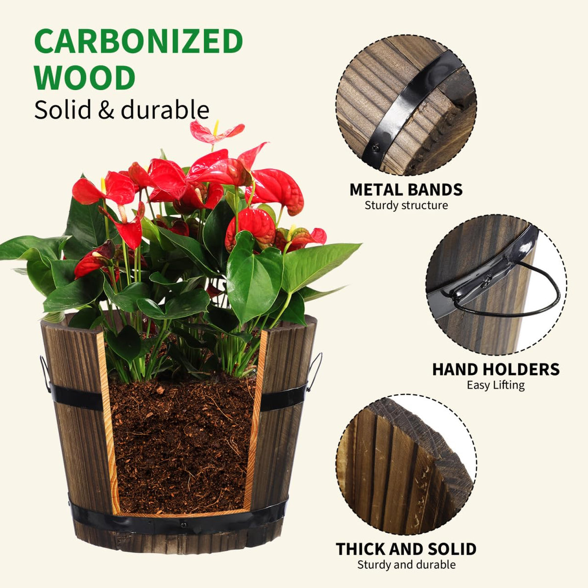 Healeved Wooden Round Barrel Planter Flower Pot for Succulents with Permeable Bottom 7.08X7.08X5.9 Inches Indoor Outdoor Home Office Garden D Cor