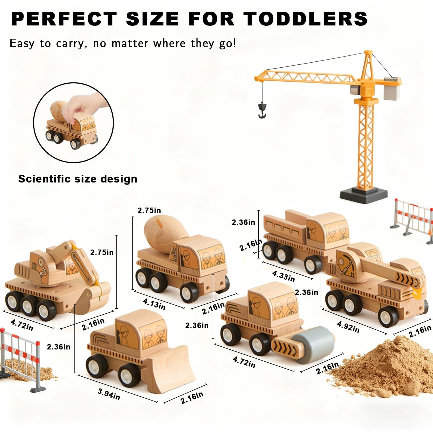 Udeas 6-Piece Wooden Construction Vehicle Toys Set with Bulldozer, Excavator, Crane, Dump Truck – Montessori Toddler Toys Ages 2-4, All-Natural Safe Push & Go Gift for Boys & Girls