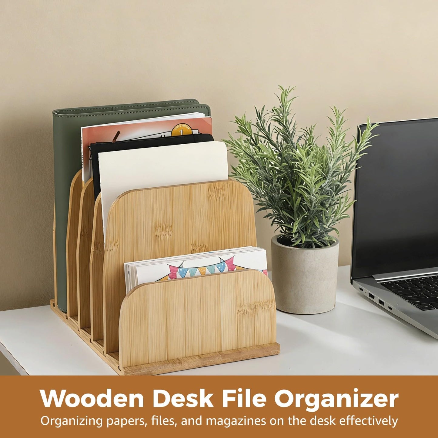 NIMBLOOM Wooden Desk File Organizer, 5 Slot Letter Envelope Paper Bill Filing Organizer, Compact Countertop Mail Sorter Holder, Desktop Folder Storage, 9.8 x 7.09 x 7.09 in