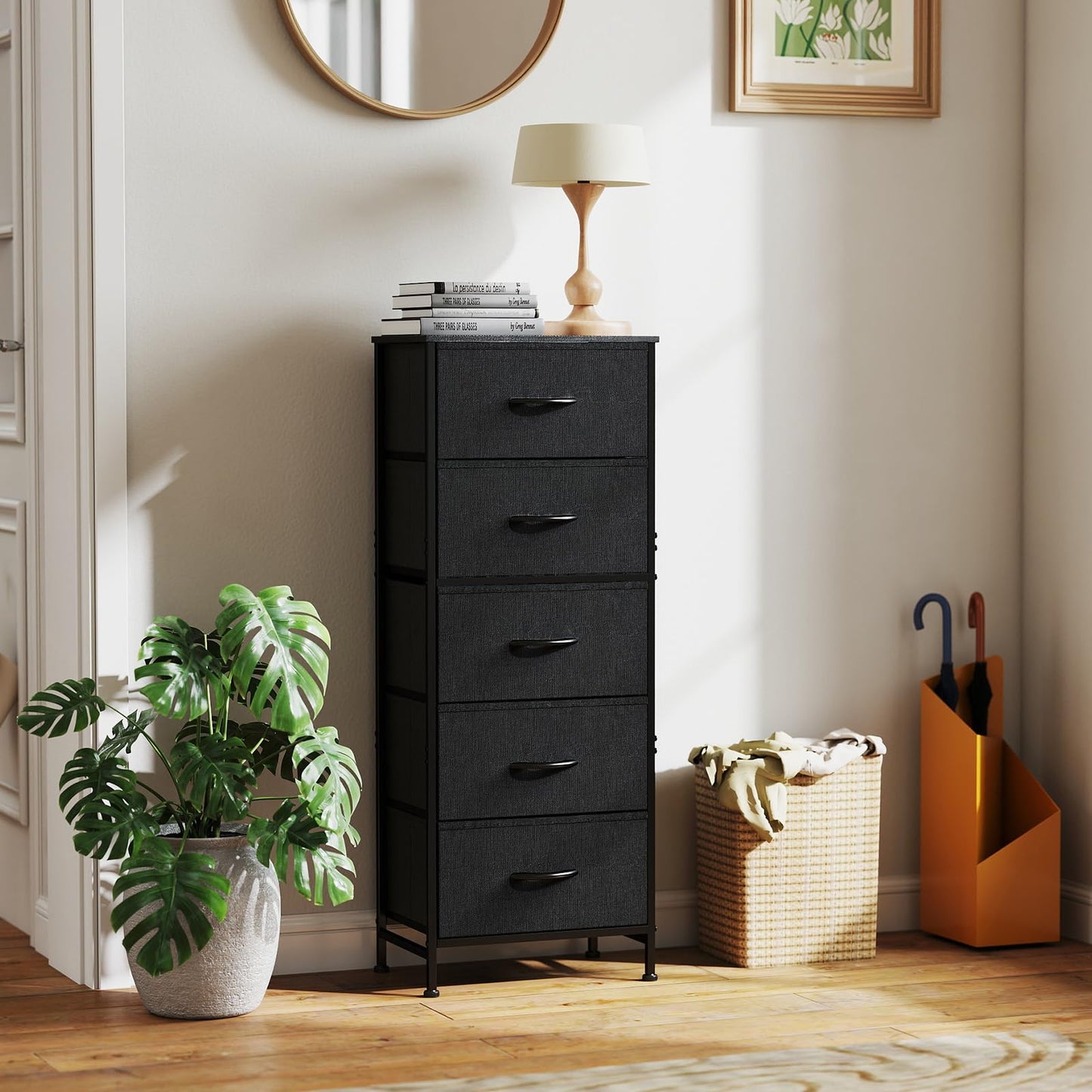 OLIXIS Tall Dresser for Bedroom, Black Fabric 5 Drawer Dressers for Closet, Storage Organizer with Removable Bins, Chest of Drawers with Sturdy Steel Frame, Living Room, Entryway