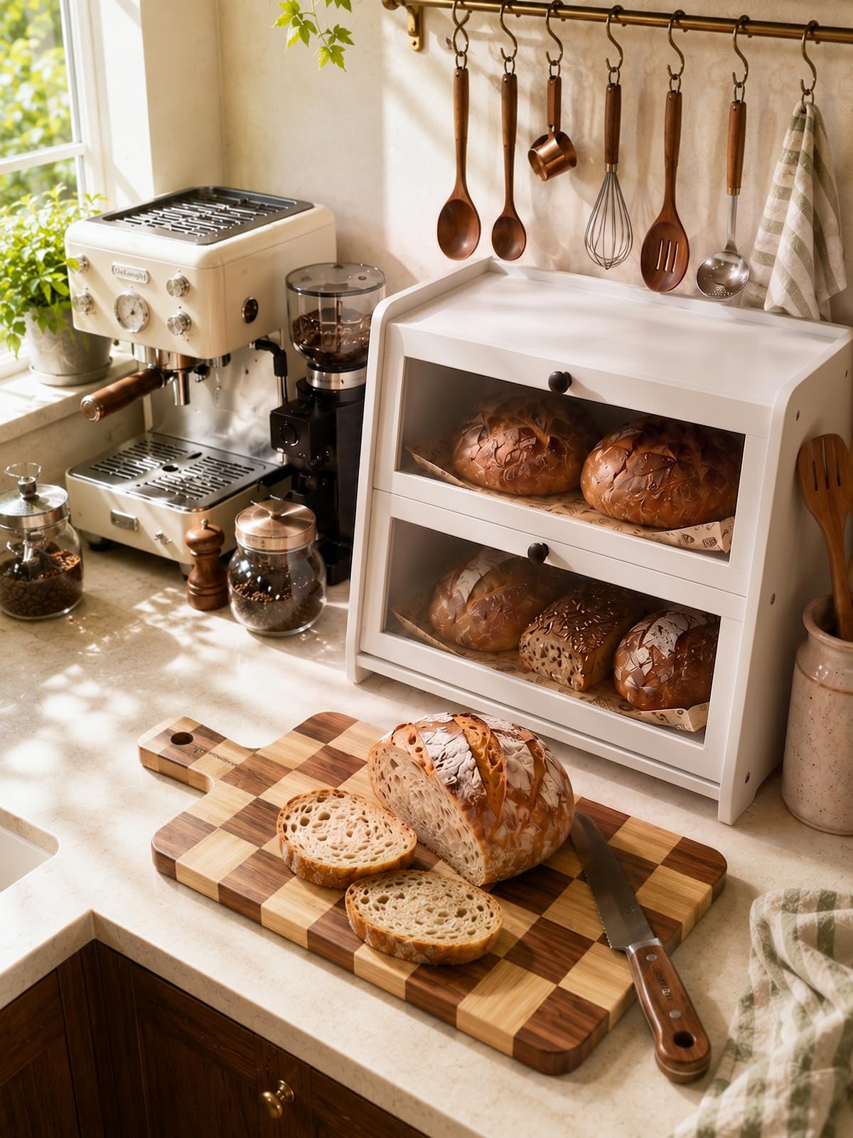 Plusinthebox White Bread Box for Kitchen Countertop, 2 Tier Large Capacity Wooden Bread Storage Container, Modern Minimalist Bread Keeper for Kitchen, Pantry and Coffee Bar Organizer