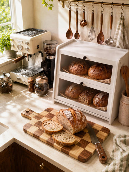 Plusinthebox White Bread Box for Kitchen Countertop, 2 Tier Large Capacity Wooden Bread Storage Container, Modern Minimalist Bread Keeper for Kitchen, Pantry and Coffee Bar Organizer