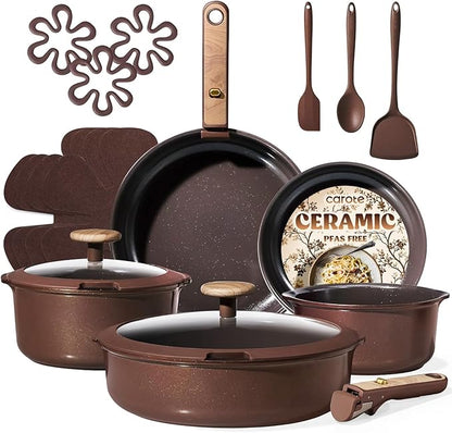 CAROTE Pots and Pans Set, Ceramic Cookware Set Non Stick with Detachable Handle, RV Kitchen Cooking Set, Induction & Oven Safe, Non-Toxic, PFAS and PFOA Free, Dark Choco, 19 Pcs
