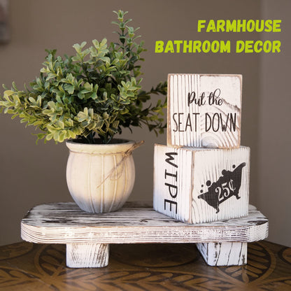 Liswit Farmhouse Funny Bathroom Decor Signs, 3 Wooden Blocks with Plant & Tray, Rustic Decoration for Bathroom Countertop
