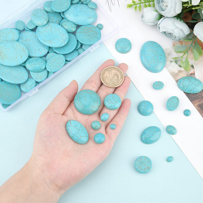 PH PandaHall 84pcs Synthetic Turquoise Stone Cabochons, 7 Sizes Blue Texture Gemstone Tiles Oval Flat Round Dome Bead Stone Cabochon Tile for Bracelet Necklace Earrings Cameo Jewelry Making, 6~40mm