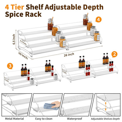 4 Tier Spice Rack for Cabinet, Spice Rack Organizer, Depth Adjustable Spice Holder for Countertop, Cupboard, Pantry, Seasoning Shelf, Metal, Black (1 Pack)