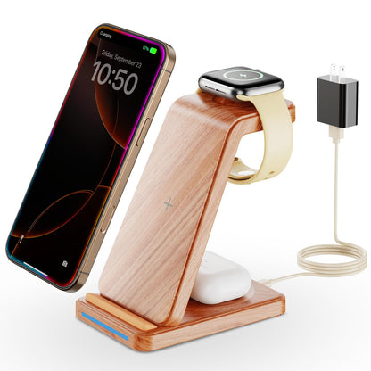 CIYOYO Wireless Charging Station, 3 in 1 Wireless Charger Stand for Multiple Apple Devices, Charging Dock for iPhone 16 15 14 13 12 11 Pro Max XS 8, Apple Watch 8 7 6 SE 5 4 3 2, 3/2/Pro, Wood