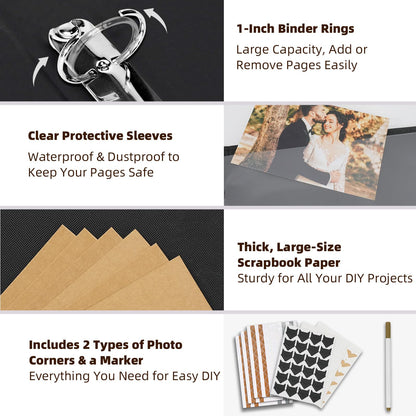 Vienrose 13x11 Inch 3 Ring DIY Scrapbook Album Gift Set, Faux Leather Cover Blank Scrapbooks Photobook with 30 Plastic Sleeves 60 Kraft Pages for Valentine Gift Wedding Family Anniversary DarkBrown
