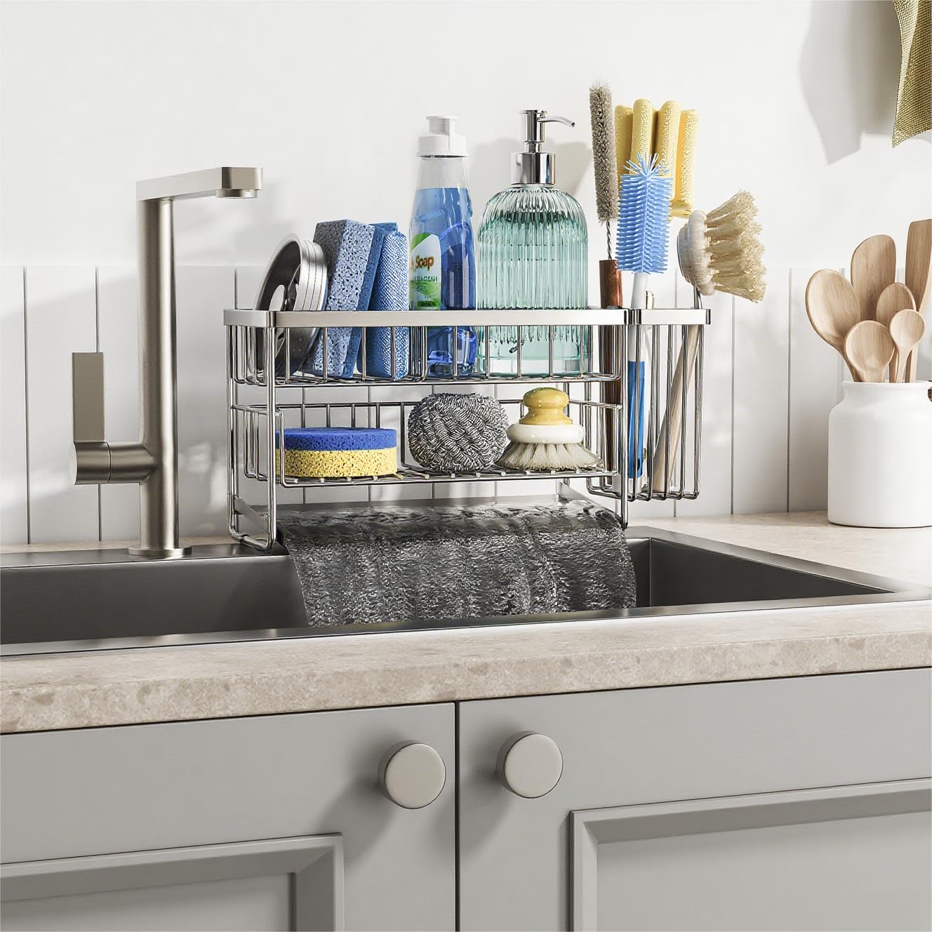 Cisily 2-Tier Kitchen Sink Caddy Organzier Rack with Flexible Dish Brush Holder, Sponge Holder for Kitchen Sink Countertop Organization Storage,Home Decor Accessories Essentials Stainless Steel