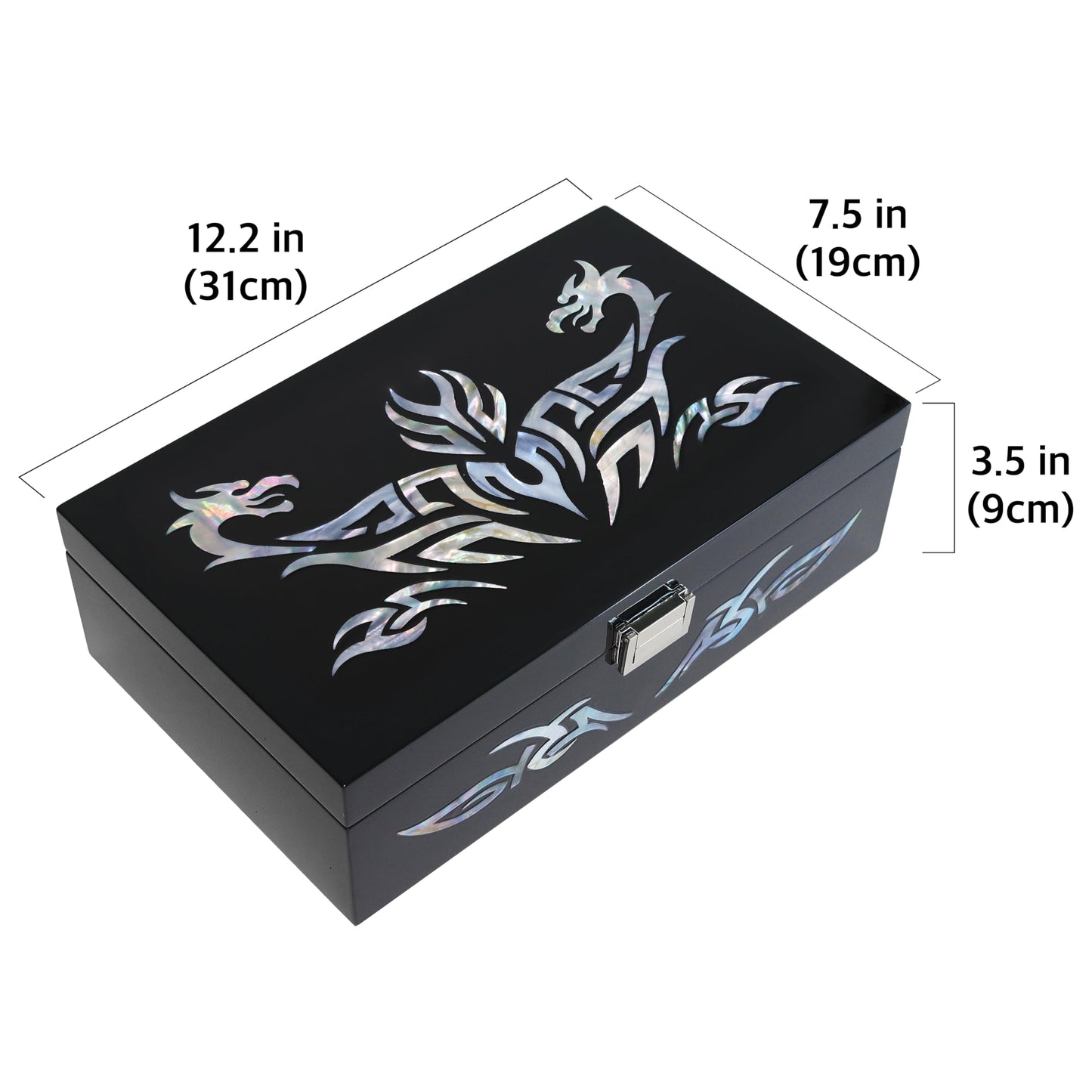 MADDesign Mother of Pearl Watch Box Jewelry Organizer Daily Storage Handmade Tribal Dragon Design (Black)