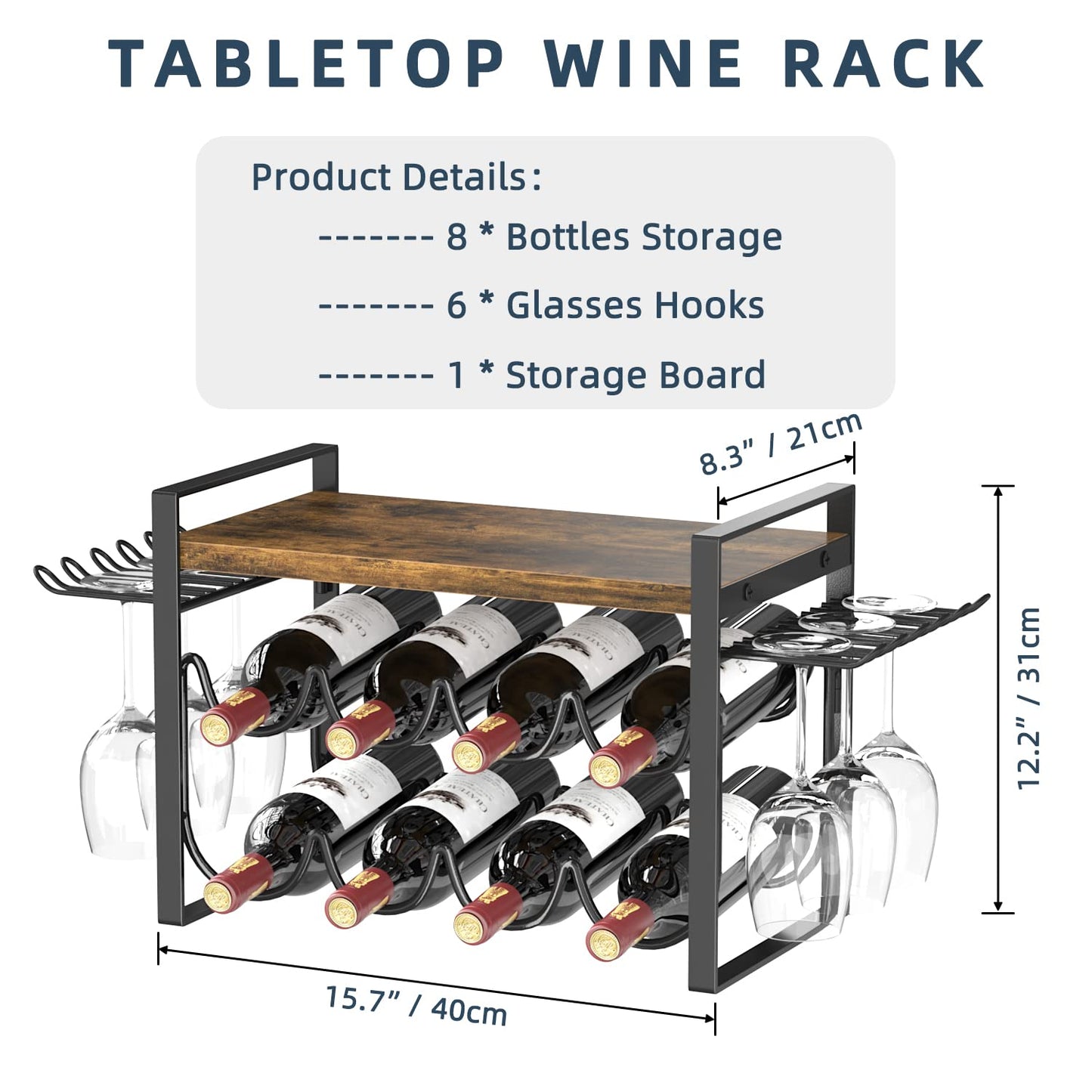 JAFUSI Wine Rack for Countertop, Metal Tabletop Wine Holder, Natural Wood 8 Wine Bottles Storage Shelf Stand with Wood Tray 6 Glasses Hooks
