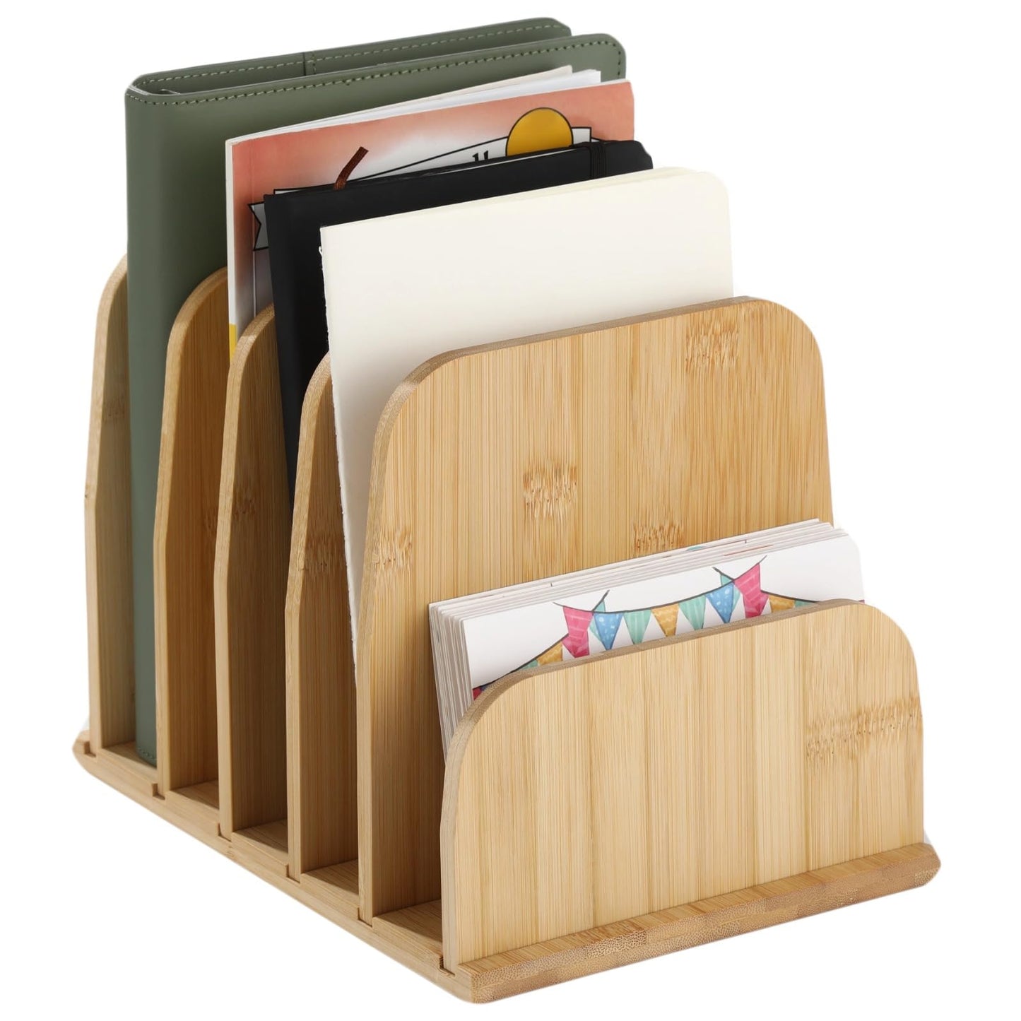 NIMBLOOM Wooden Desk File Organizer, 5 Slot Letter Envelope Paper Bill Filing Organizer, Compact Countertop Mail Sorter Holder, Desktop Folder Storage, 9.8 x 7.09 x 7.09 in