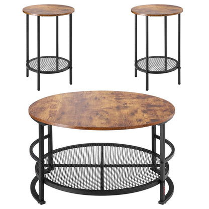 VEVOR 3 Pieces Round Coffee Table Sets, 31.5 in Industrial Living Room Table with 2 End Side Tables, Easy Assembly Coffee and End Tables Sets with Metal Legs, for Office, Living Room and Apartment