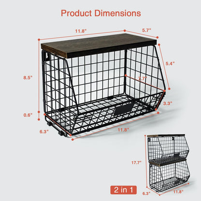 Goozii Hanging Wall Fruit Basket for Kitchen Counter 2 Pack, Stackable Wire Baskets for Organizing with Wood Lid, Potato and Onion Storage Bin with Banana Hook for Vegetable Produce, Black + Rustic