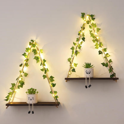 JOLAIQIAN Floating Shelves for Wall, Hanging Shelves with Artificial Ivy LED String Light, No Drilling Hanging Shelf, Wood Hanging Plant Shelves for Wall Décor, Boho Decor, Art Bedroom, Set of 2