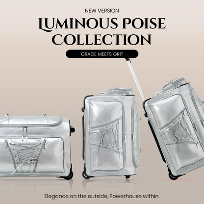 Fanwoli 23" Dance Bag with Garment Rack | Luminous Poise Collection | Waterproof Lustrous Satin Fabric | Competition Travel Duffel Luggage for Cheer, Skating, Gymnastics & Sleepover | Moonlight Silver