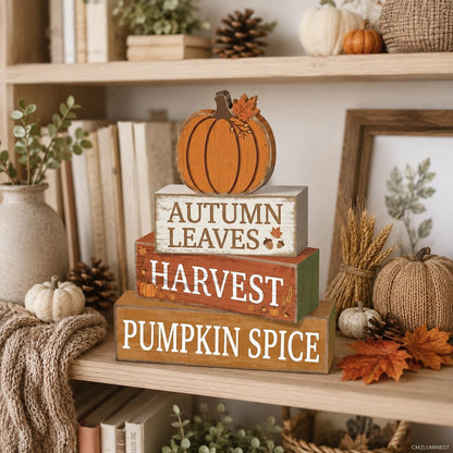 4 Pcs Fall Table Decor, Farmhouse Stacked Wooden Block Signs with Pumpkin Accents, Rustic Thanksgiving Tiered Tray Decorations, Autumn Harvest Tabletop Centerpiece for Home Kitchen Party