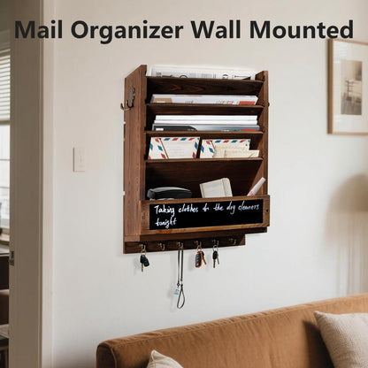 Craftmastudio Rustic wall mail organizer,Key and Mail File Holder for Wall Mount，with 6 Key Hooks 2 Double Key Hooks A blackboard,for Home,Office, Classroom,Entryway Decor (brown)