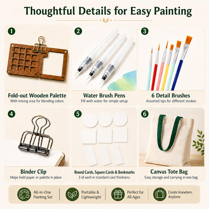 fsdyknej Portable Mini Painting Set – Compact Travel-Friendly Kit with Brushes, Palette, Mini Sketchbook, and Watercolor Paper for Artists, Beginners, and Travel Enthusiasts