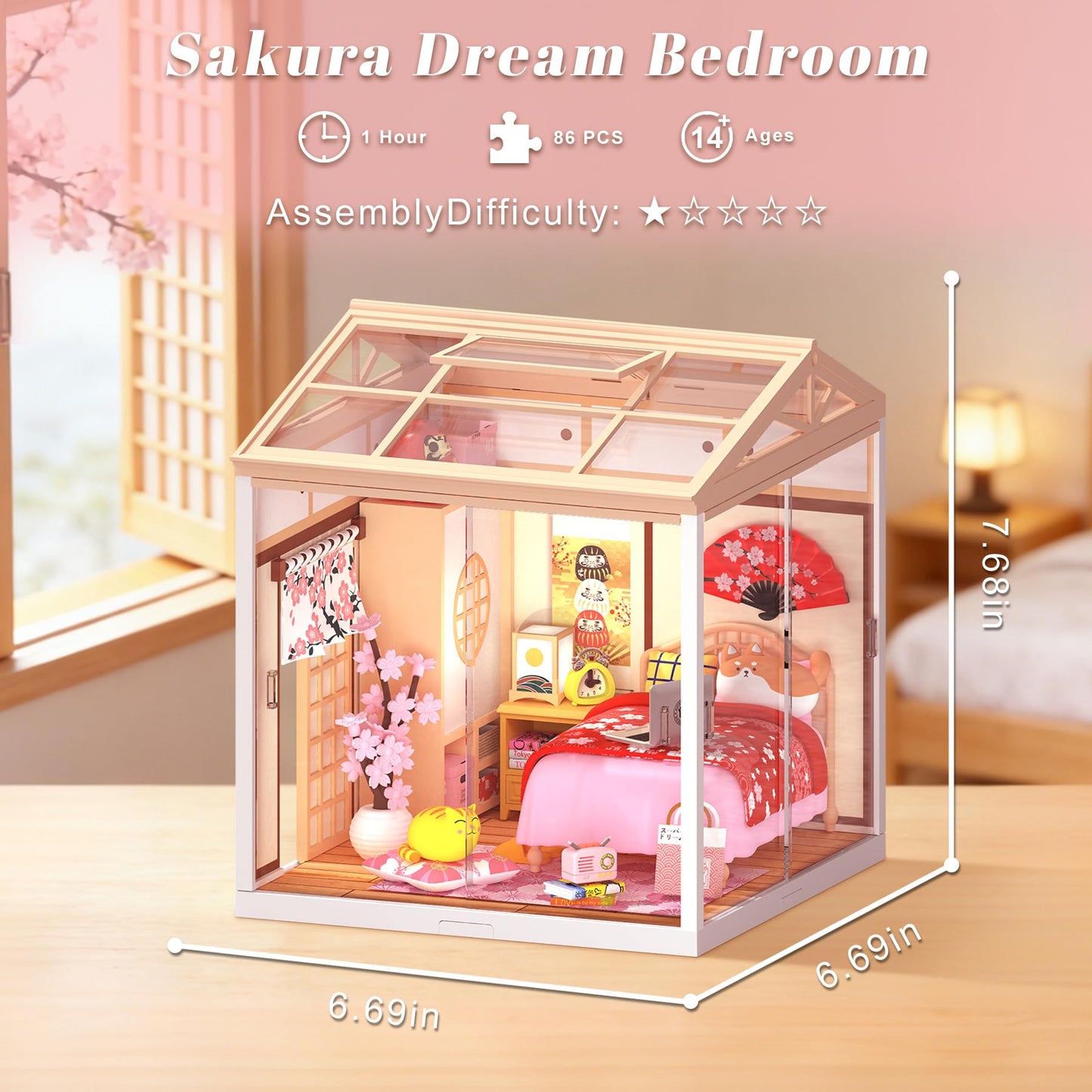 Loyratche DIY Japanese Bedroom Miniature House Kit, LED Light Mini Dollhouse Kit for Adults and Teens, with Roof & Dust Covers, Tiny House Gifts for Kids and Adults