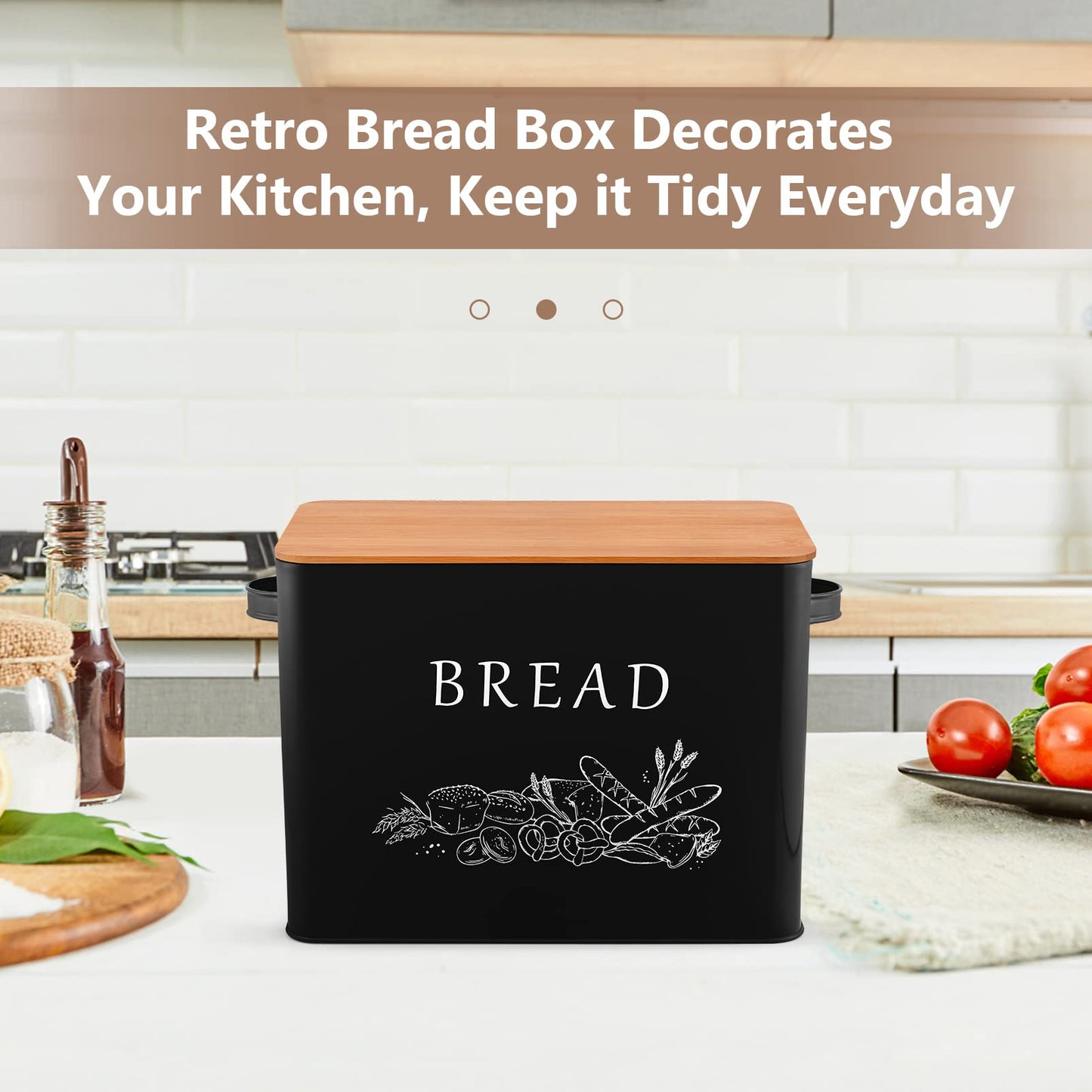 P&P CHEF Bread Box for Kitchen Counter, Metal Bread Storage Bin with Wooden Cutting Lid, Large Capacity for Holding 2+ Loaves, Retro Modern Style, Size 13” x 7.2” x 9.7”, Black