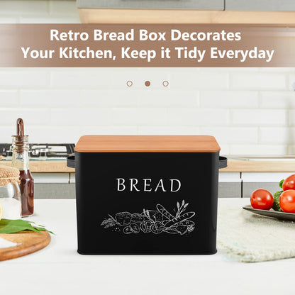 P&P CHEF Bread Box for Kitchen Counter, Metal Bread Storage Bin with Wooden Cutting Lid, Large Capacity for Holding 2+ Loaves, Retro Modern Style, Size 13” x 7.2” x 9.7”, Black