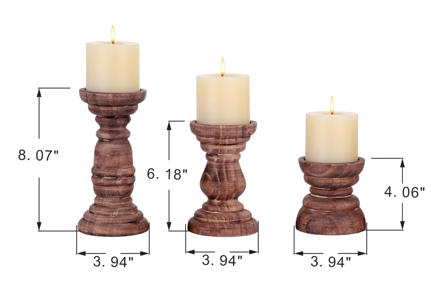 Rustic Wooden Pillar Candle Holders Set of 3 in Vintage Natural, Florence Style, Farmhouse Wooden Candle Holder, Wooden Candle Stand, Small Wooden Candlestick Holders, Living Room, Table Centerpiece
