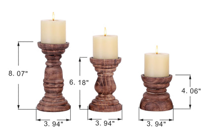 Rustic Wooden Pillar Candle Holders Set of 3 in Vintage Natural, Florence Style, Farmhouse Wooden Candle Holder, Wooden Candle Stand, Small Wooden Candlestick Holders, Living Room, Table Centerpiece