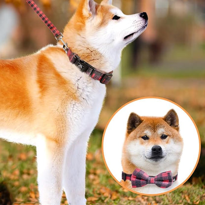 IVY&LANE Dog Collar with Bowtie and Leash Set | Plaid Adjustable Dog Collar | Detachable Bow Tie |5 FT Dog Leash | for Small Medium Large Dogs | Checkered Red | X-Small