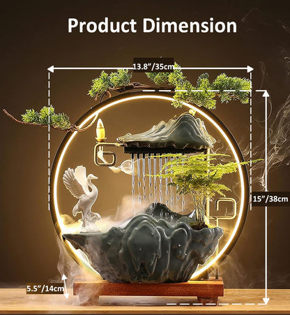 Tabletop Water Fountains Indoor Waterfall Fountain with Mist LED Light Feng Shui Wealth Desk Fountain with Backflow Incense Holder Zen Decor for Meditation (Crane)