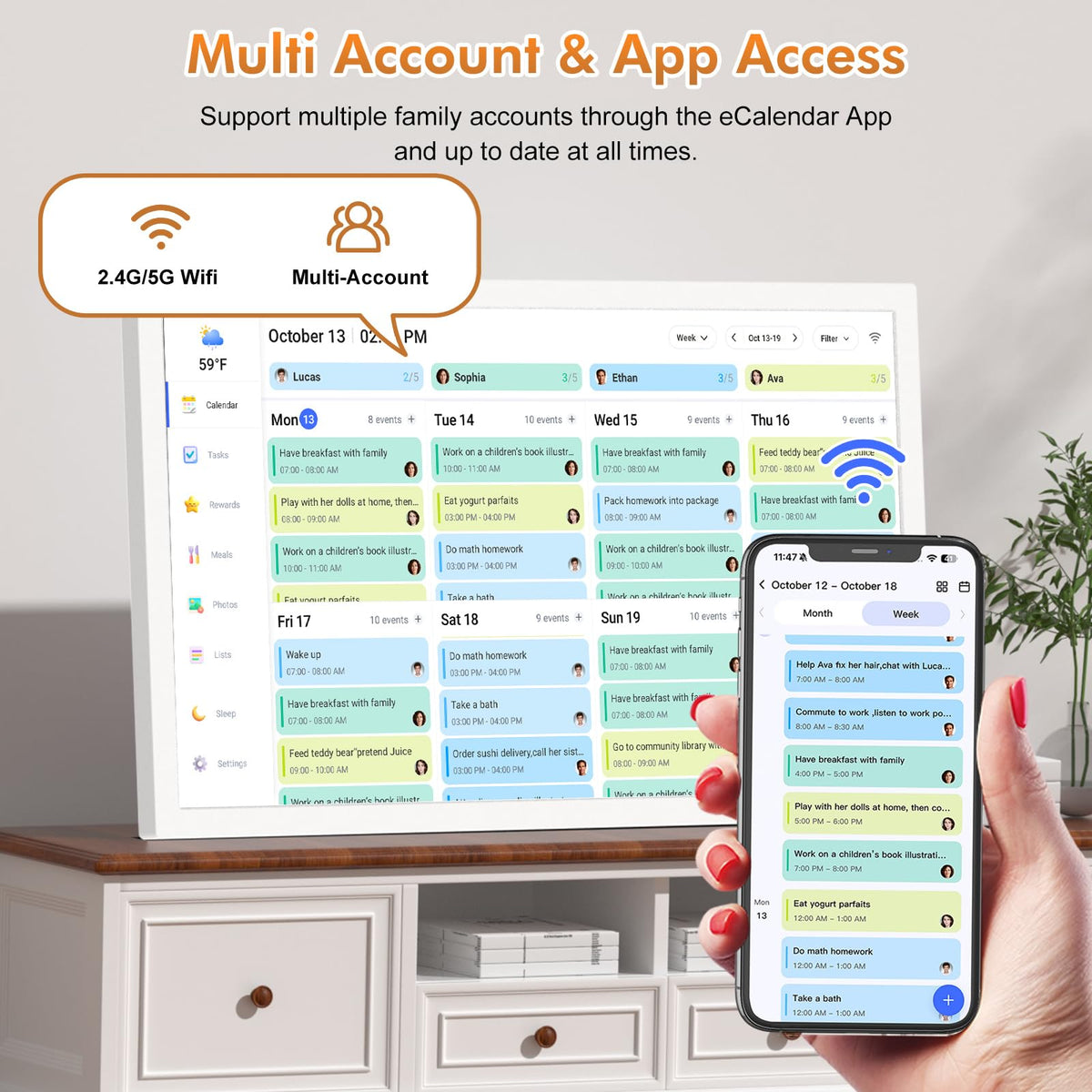 24" Smart Calendar Digital Chore-Chart-for-Planner - Touchscreen Display Electronic Calendar for Family Schedules, 32GB, Auto-Sync Google iCloud Outlook Calendars, Wall Mounted Household Organization
