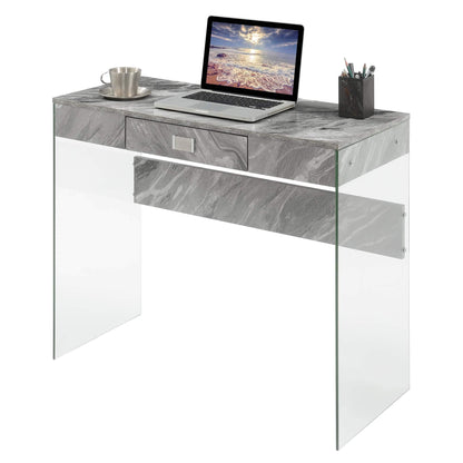 Convenience Concepts SoHo 1 Drawer Glass 36 inch Desk, Gray Faux Marble/Glass