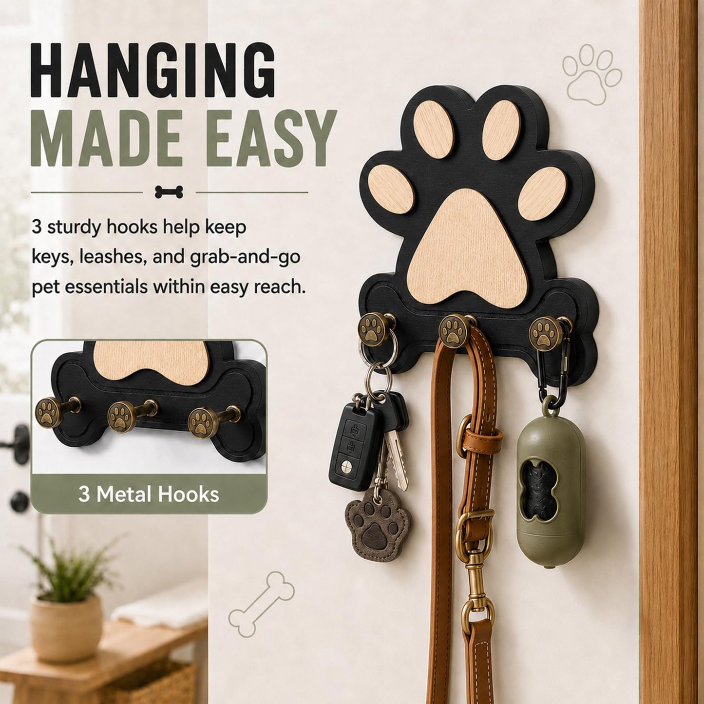 MLLNFUE 2 Pack Dog Leash Holder for Wall, Wooden Key Holder Wall Mount with 3 Metal Hooks, Dog Paw Organizer for Dog Owners and Pet Lovers (Black)