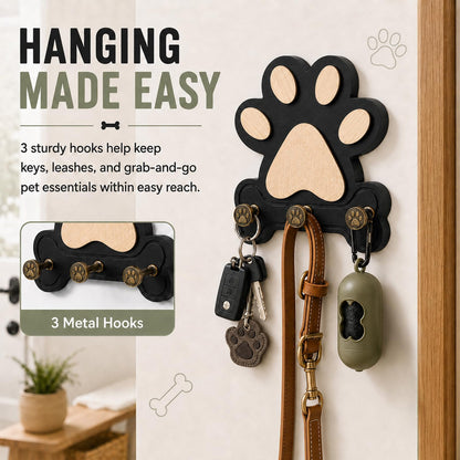 MLLNFUE 2 Pack Dog Leash Holder for Wall, Wooden Key Holder Wall Mount with 3 Metal Hooks, Dog Paw Organizer for Dog Owners and Pet Lovers (Black)