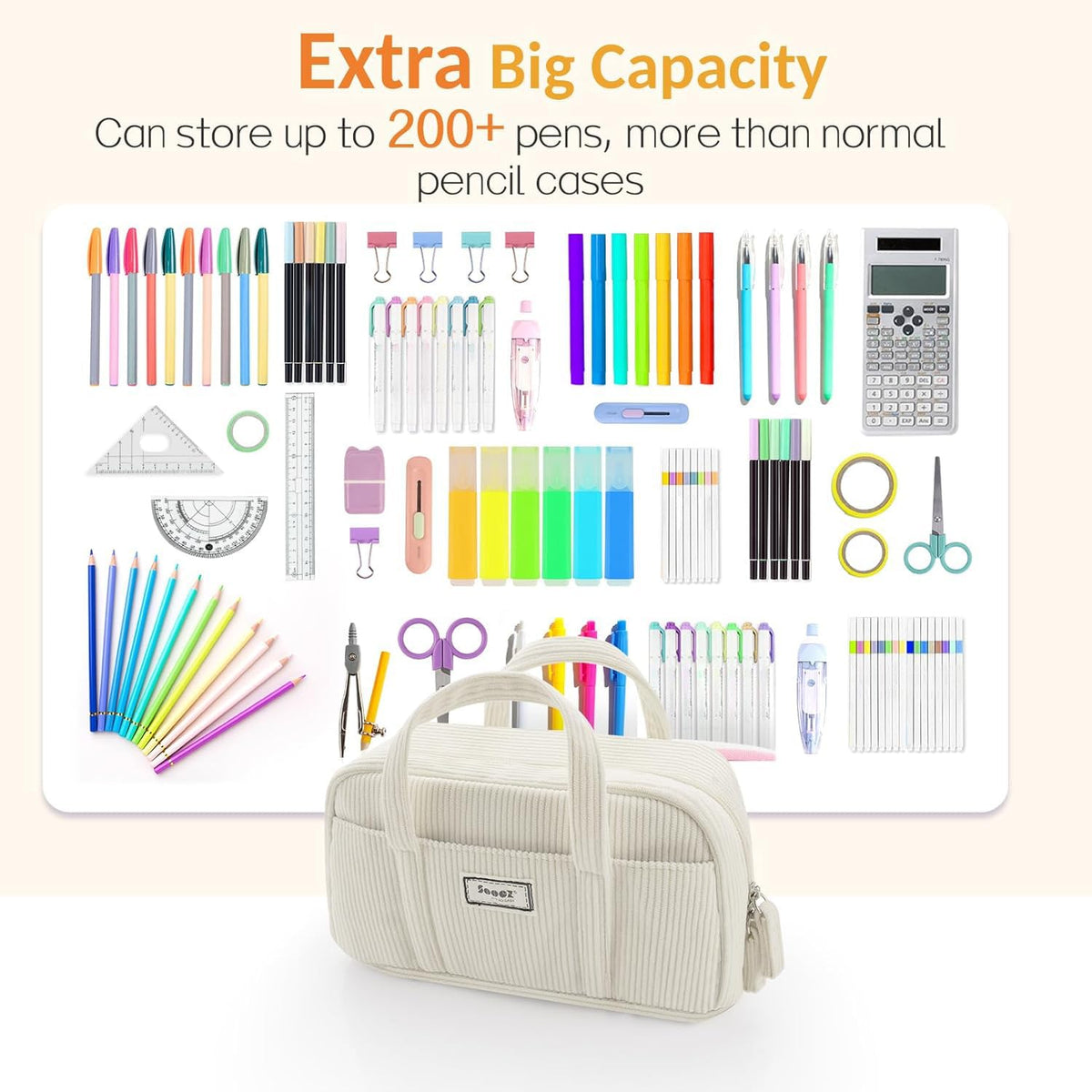 Sooez Large Pencil Case Pouch, Extra Big Pencil Bag with 5 Compartments, Pen Bag Wide Opening, Soft Corduroy Pen Pouch Organizer with Zipper, Cute Aesthetic School Supplies for Teen Girls-Green
