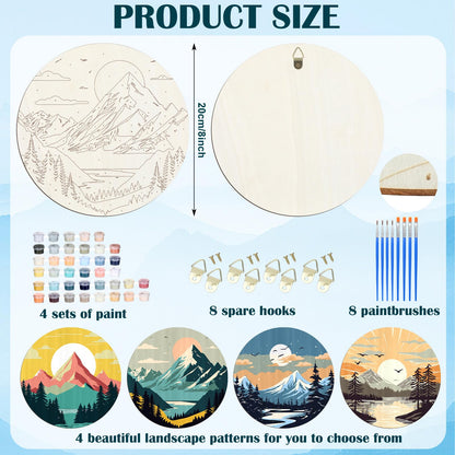 Faccito 4 Pack Wooden Landscape Paint by Numbers Kit for Adults Beginners 8 Inch Unfinished Round Wood Board Acrylic Paint Nylon Brush Hook Distant Mountains Sunset Lake DIY Crafts for Home Wall Decor