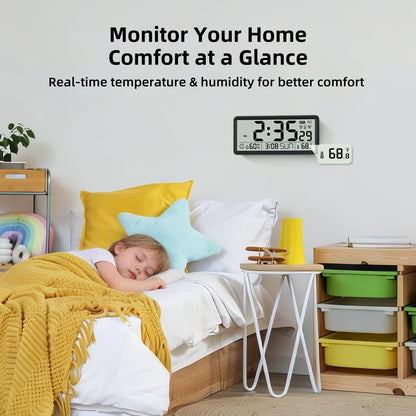 EASYERA 15'' Large Digital Wall Clock Battery Operated, Atomic Clock with Indoor Temperature and Humidity, Self-Setting with Auto DST, for Kitchen, Classroom, Living Room (Batteries Not Included)