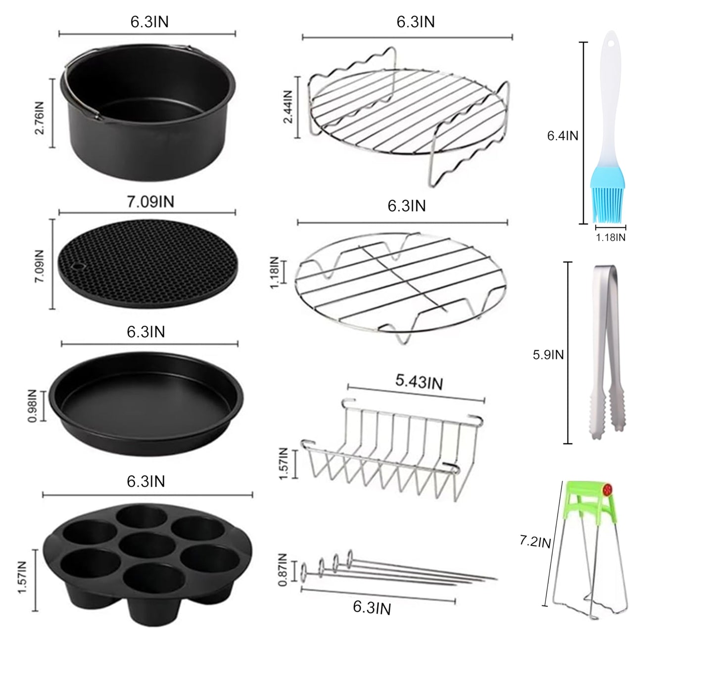 Air Fryer Accessories Set Fit for Gowise Gourmia Cozyna Ninja,Fit All 2.3qt-3.2qt Air Fryer,Kits with Skewers Silicone Mat,Pizza Pan,Cake Barrel,Non-Stick,Dishwasher Safe,Universal,6 Inch 10pcs,Black