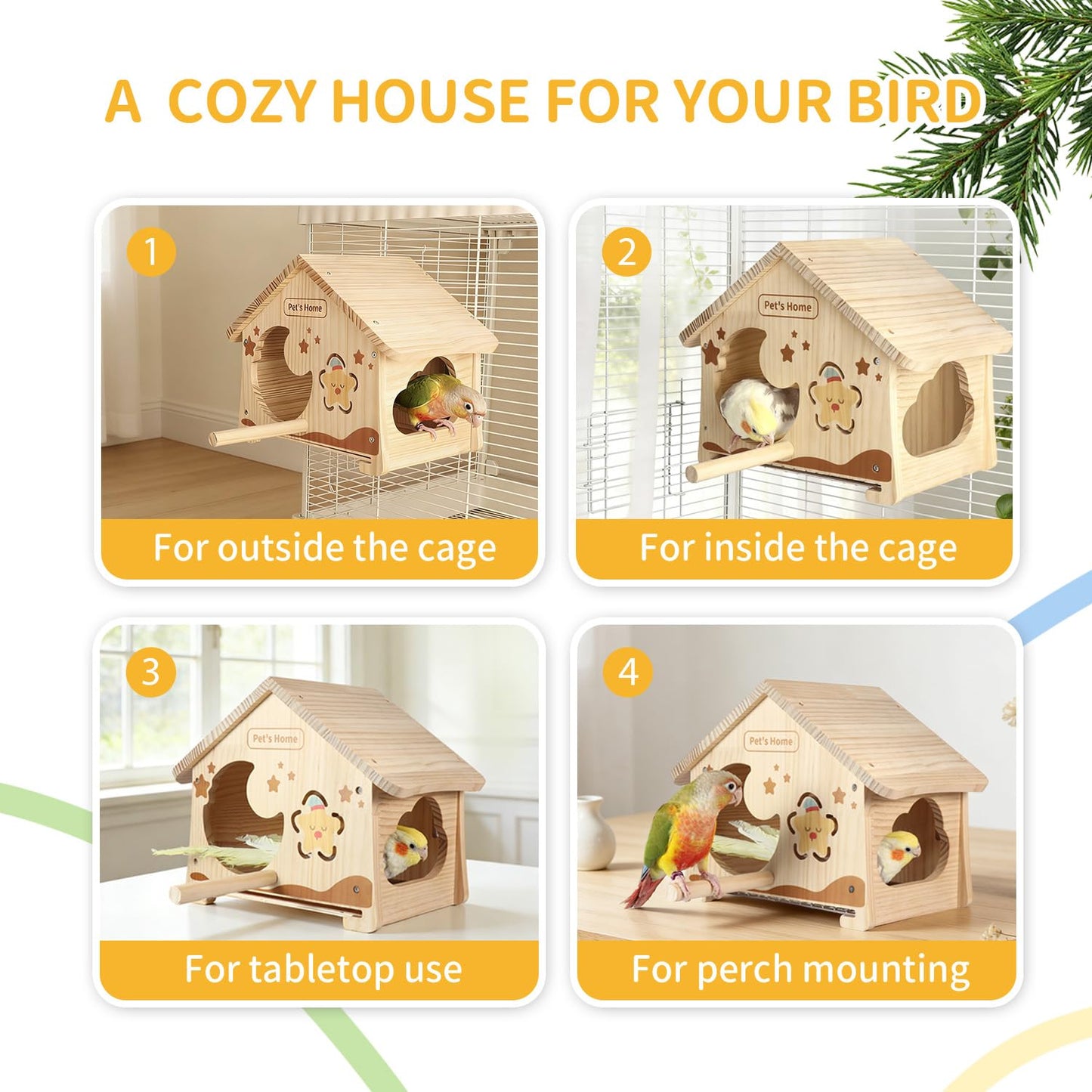 Wooden Bird House with Removable Tray, DIY Paintable Birdhouse for Lovebirds Budgies Cockatiels Conures, Cozy Bird Nest for Indoor Outdoor Use (Wood Tray (Standard))