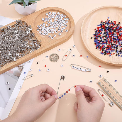 PH PandaHall 994pcs DIY Beaded Safety Pin Kit, 5 Colors Independence Day Patriotic Glass Beads 4mm Faceted Crystal Beads Letter Beads with 290pcs Safety Pin Brooches for Pants Jackets Hats DIY Crafts