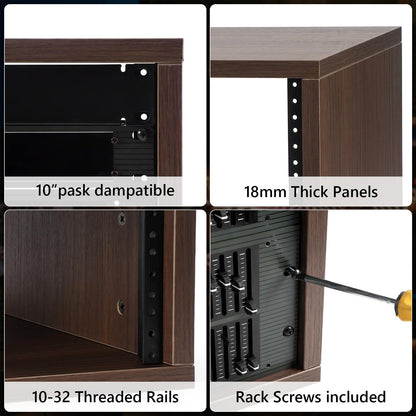 AcouZen Wooden Desktop Studio Rack, 19-Inch Rack-Mount Compatible, 373mm Usable Depth, Threaded Rails, Natural or Walnut, 2U-8U (Walnut Woodgrain, 8U)
