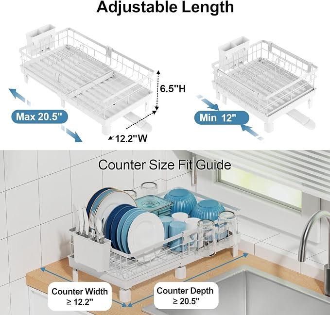 GSlife Expandable Dish Drying Rack - Countertop Drainer, 12-20.5", White | Compact Extendable Design, Swivel Drain Spout, Cup and Utensil Holder, for Small Kitchen, RV, Countertop Dish Drainer Tray
