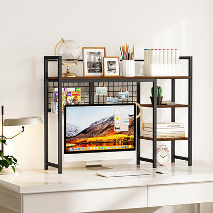 Snughome Desk Shelf, 38.6" Desktop Organizer Shelf, Desk Hutch for Computer Monitor, 4 Tier Desktop Display Rack with Pegboard Hooks Set, Wood Desktop Bookshelf for Home Office Dorm
