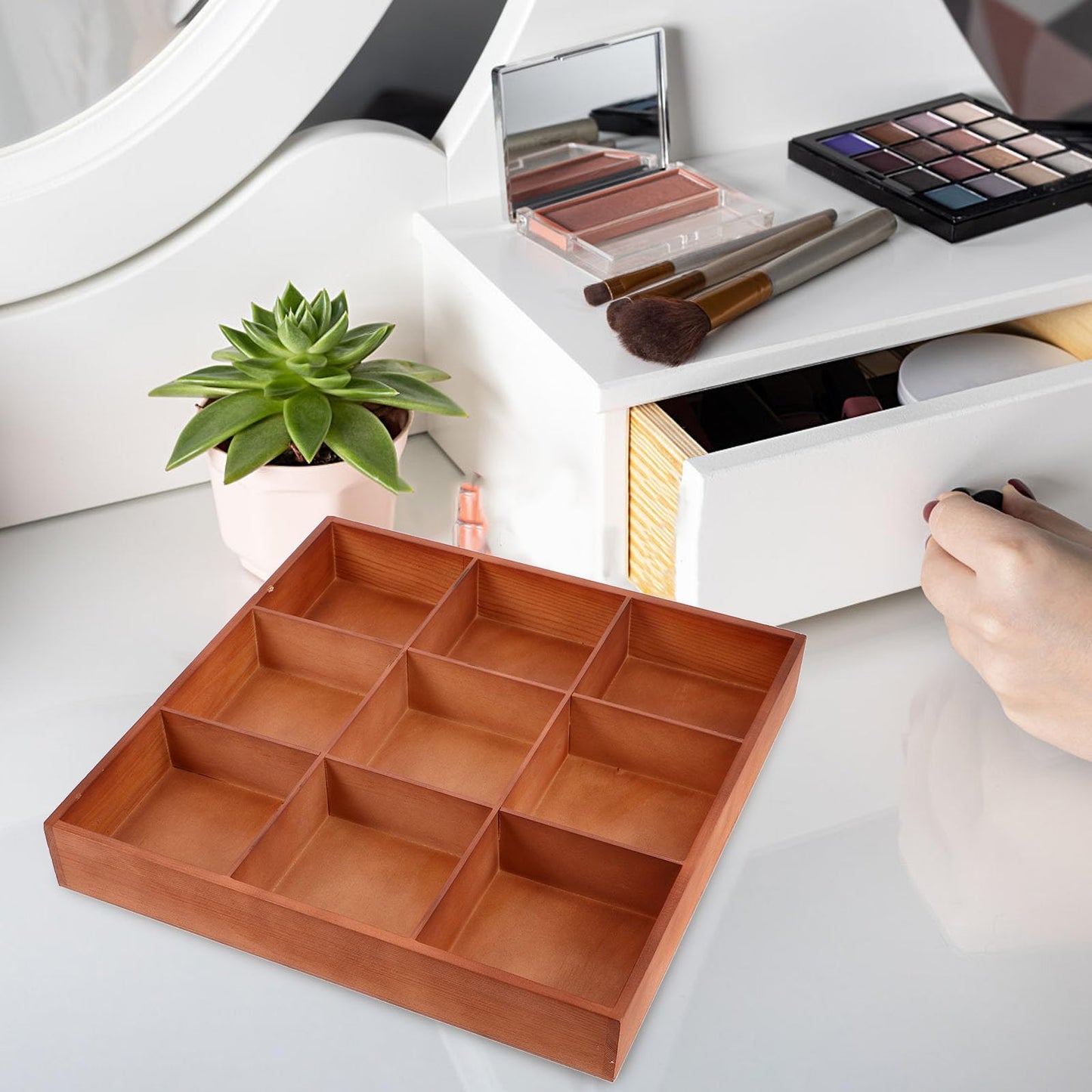 CLISPEED Wooden Multi-compartment Organizer Tray for Office Kitchen Storage and Small Parts Organizer, Brown Wood Material with Versatile Use for Cosmetics and Items on Tabletop or Room