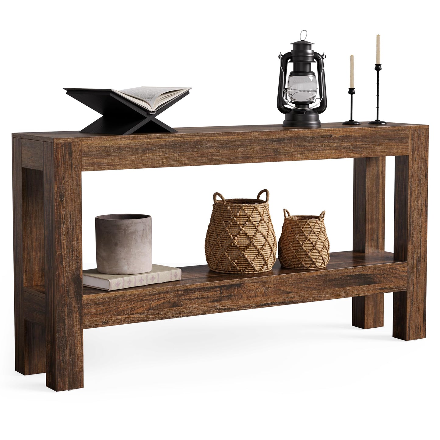 LITTLE TREE 63-Inch Wood Entryway Table, Long Farmhouse Narrow Console Table for Living Room, Hallway, Sofa, Entry, Entrance, Foyer, Behind Couch with 2-Tier Shelves, Brown
